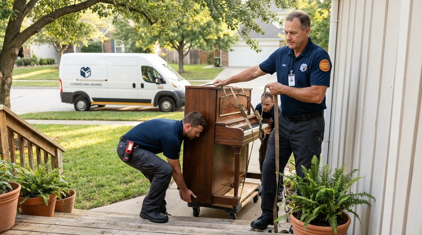 Licensed piano movers securing grand piano in Quinlan, TX