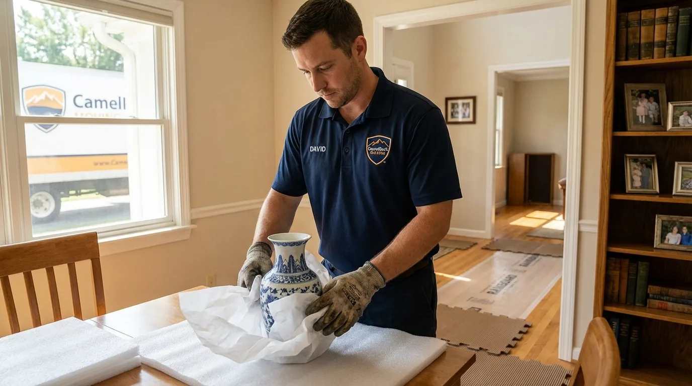 Professional crew carefully wrapping antique vase for senior downsizing move in Quinlan, TX