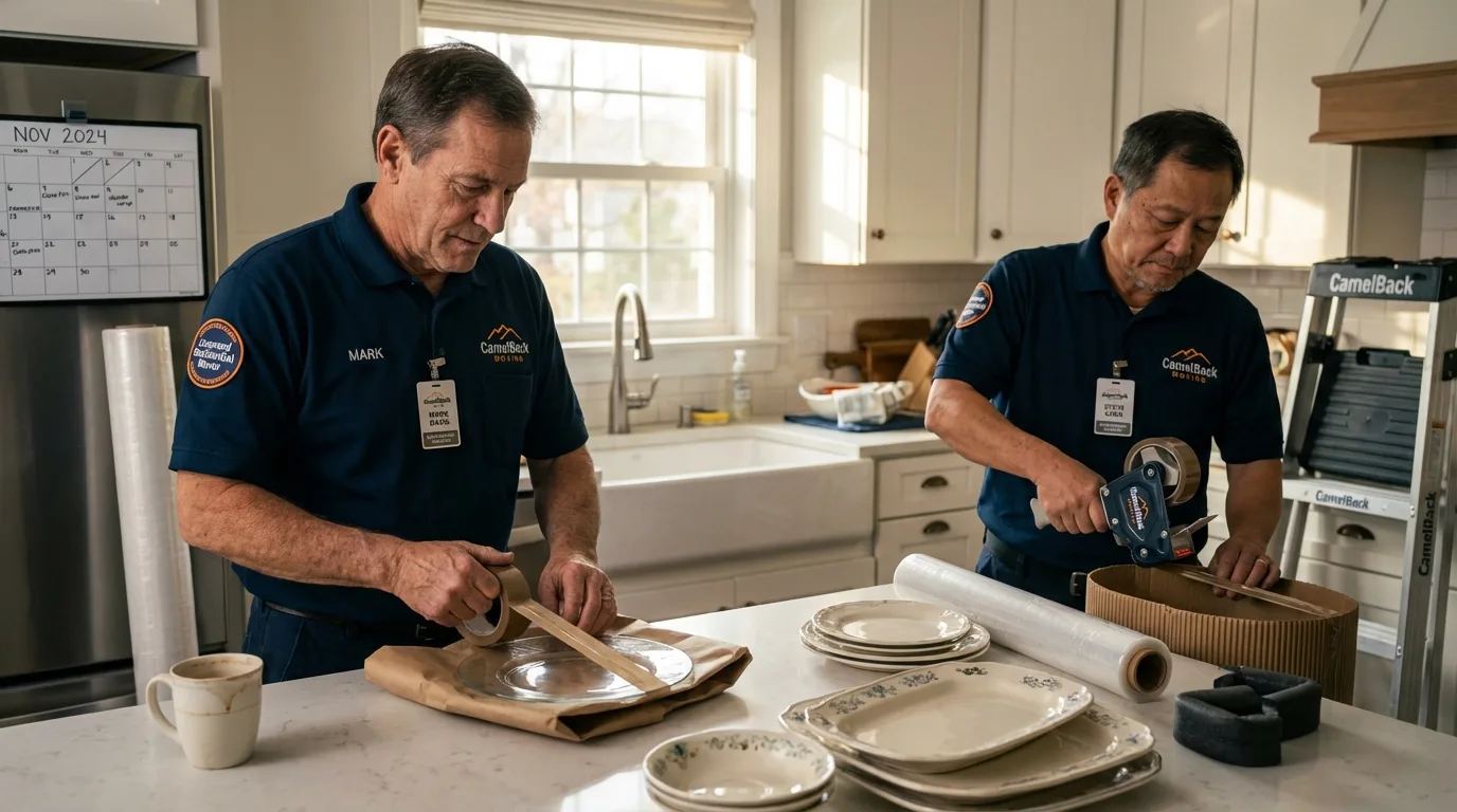Professional crew packing kitchen dishware in Quinlan, TX
